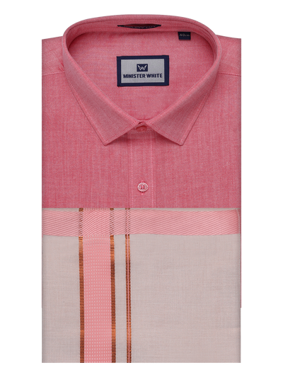 Mens Cotton Pink Shirt with Tissue Matching Border Dhoti Wedding Combo Kandala by Minister White