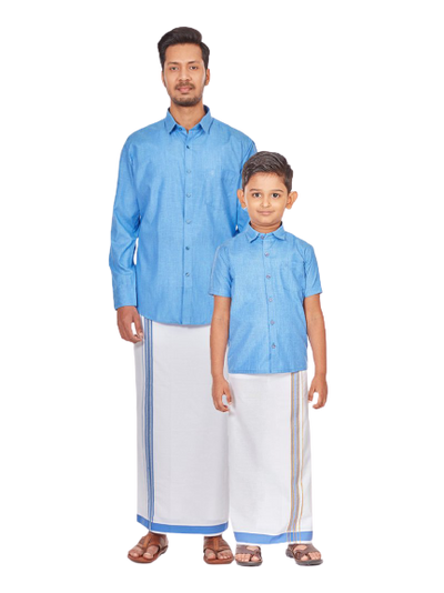 Single Layer White Fancy Blue Bordered Dhoti With Matching Cotton Shirt