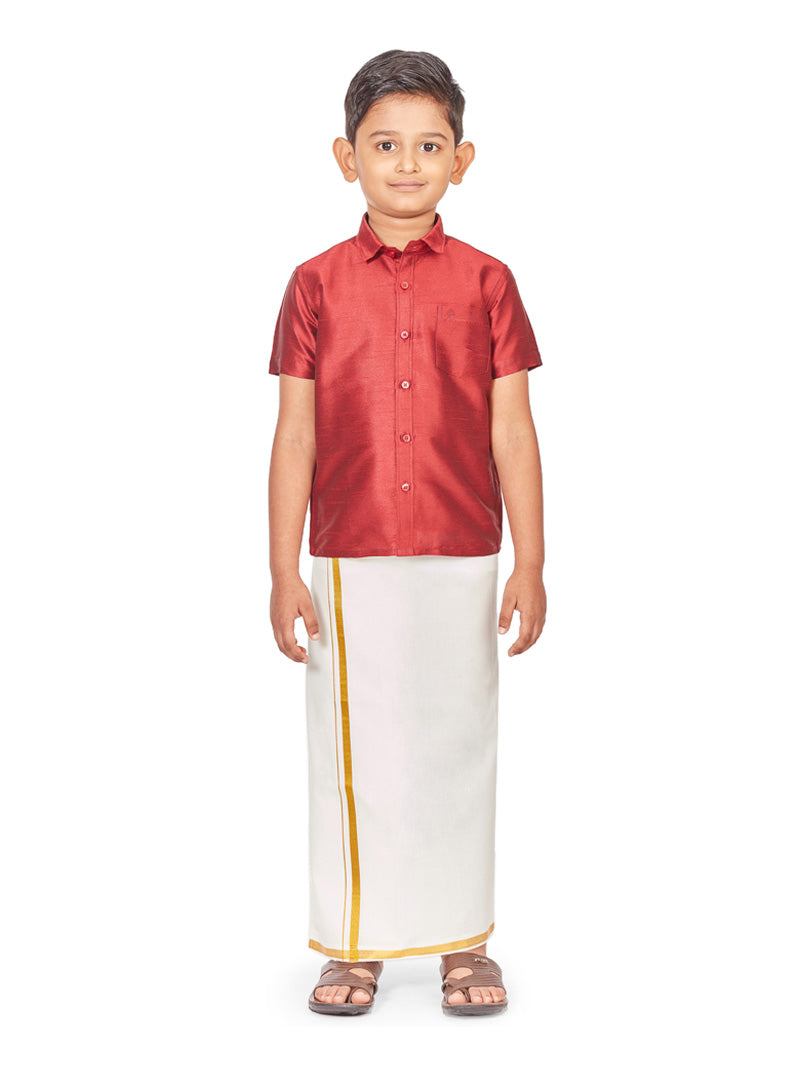 Velcro Dhoti for kids with Matching Maroon Silk Shirt