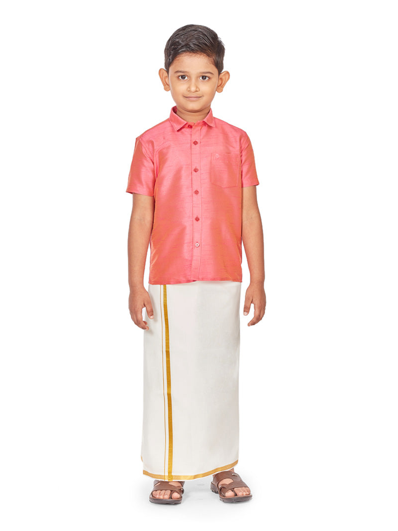 Velcro Dhoti with Pink Silk Shirt for Kids