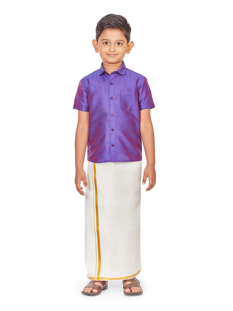 Velcro Dhoti with Matching Purple silk Shirt