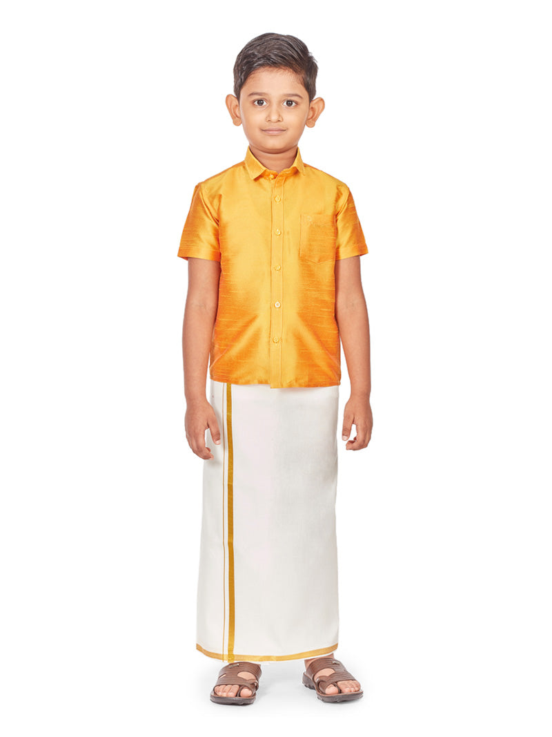 FlexiWaist Dhoti Bundled With a Matching Yellow Raw Silk SHIRT