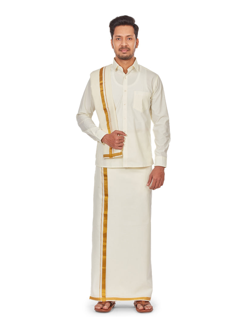 Wedding Combo Cream Shirt, Flexiwaist Dhoti and Towel Set