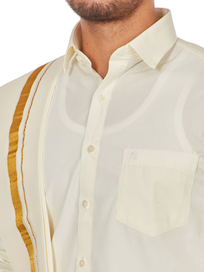 Wedding Combo Cream Shirt, Flexiwaist Dhoti and Towel Set - Anandham Cream