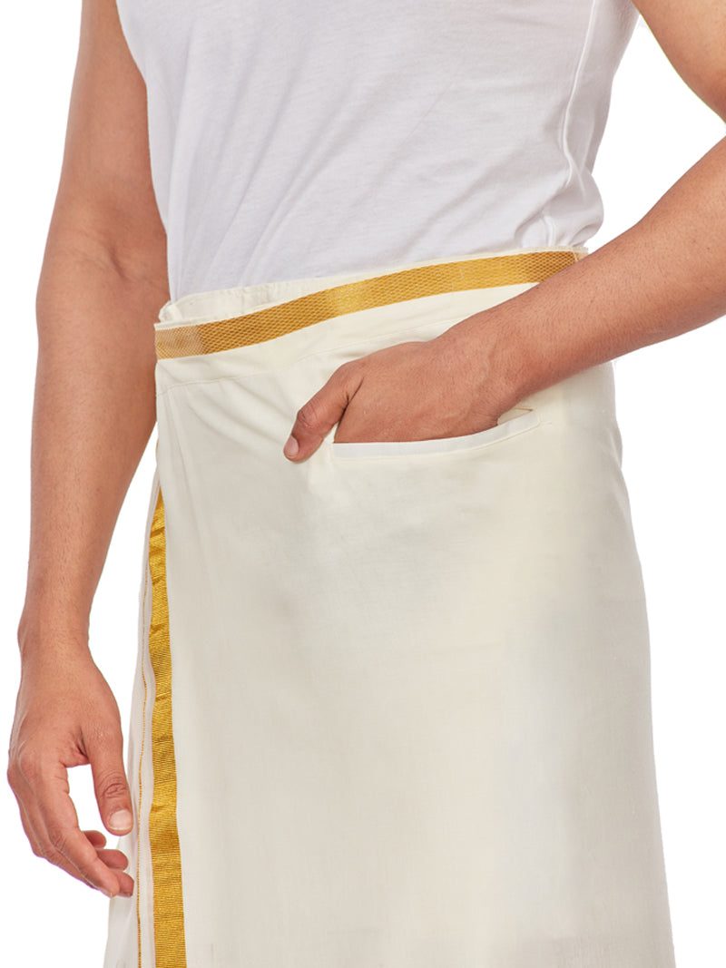Mens Pure Cotton Wedding Cream Shirt with Flexi Waist Dhoti and Towel Combo - Anandham Cream