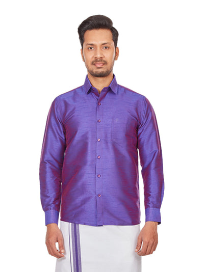 Single Layer White Fancy Purple Bordered Dhoti With Matching Cotton Shirt