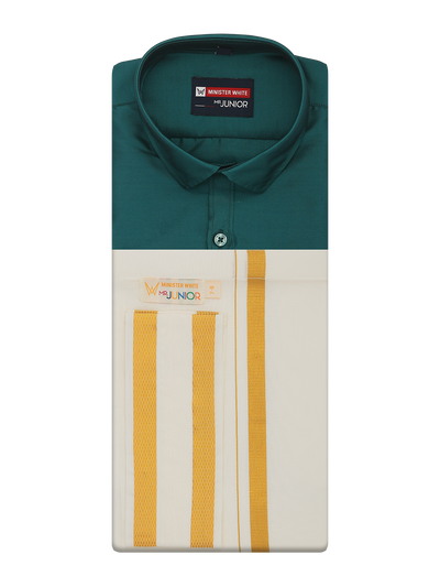 Boys Art Silk Aqua Blue Half Sleeves Shirt with Gold Jari Flexi Dhoti Towel Combo Calm Boy by Minister White