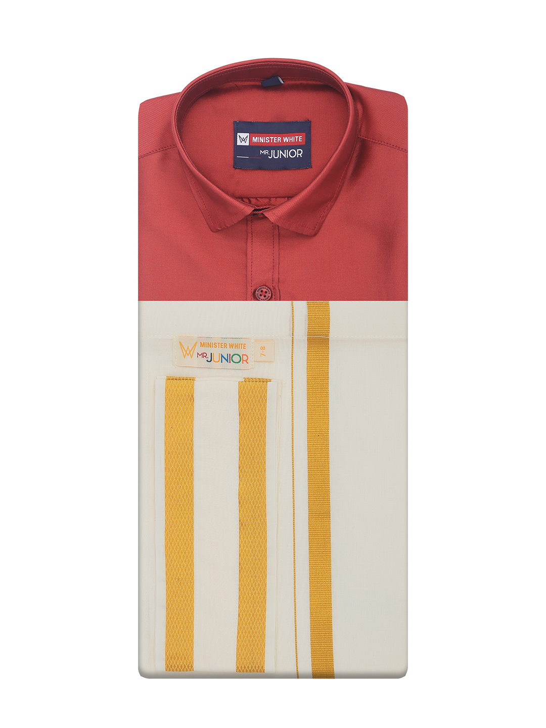 Boys Art Silk Red Half Sleeves Shirt with Gold Jari Flexi Dhoti Towel Combo Calm Boy by Minister White