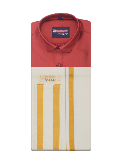 Boys Art Silk Red Half Sleeves Shirt with Gold Jari Flexi Dhoti Towel Combo Calm Boy by Minister White