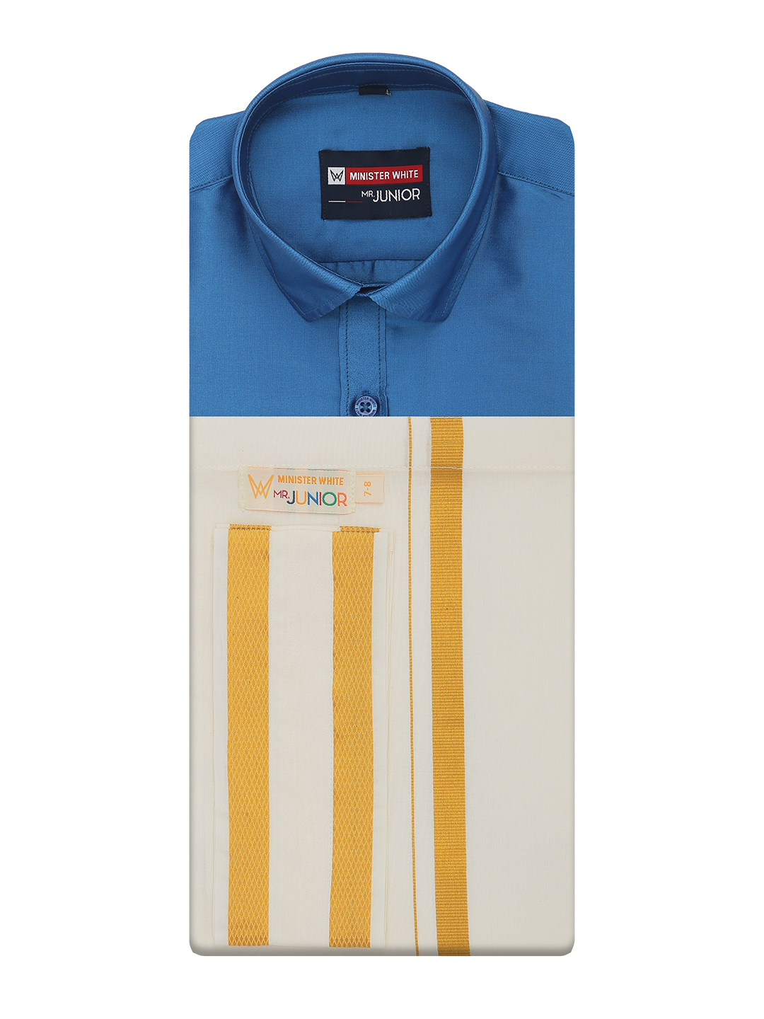 Boys Art Silk Sky Blue Half Sleeves Shirt with Gold Jari Flexi Dhoti Towel Combo Calm Boy by Minister White