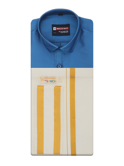 Boys Art Silk Sky Blue Half Sleeves Shirt with Gold Jari Flexi Dhoti Towel Combo Calm Boy by Minister White