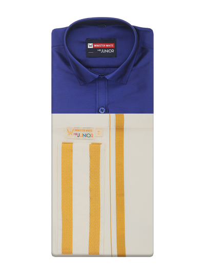 Boys Art Silk Violet Half Sleeves Shirt with Gold Jari Flexi Dhoti Towel Combo Calm Boy by Minister White