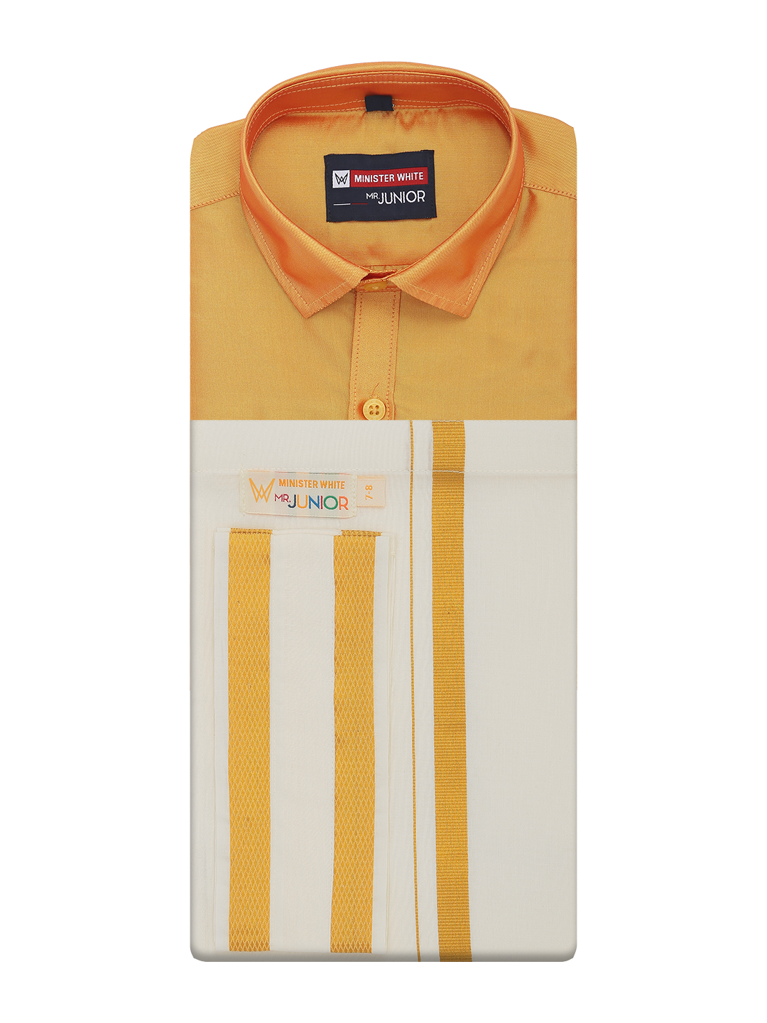 Boys Art Silk Golden Yellow Half Sleeves Shirt with Gold Jari Flexi Dhoti Towel Combo Calm Boy by Minister White