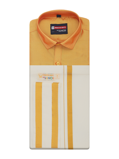 Boys Art Silk Golden Yellow Half Sleeves Shirt with Gold Jari Flexi Dhoti Towel Combo Calm Boy by Minister White