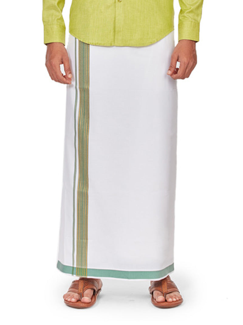 Mens Cotton White Single Layered Dhoti with Fancy Border - Sumudra Mix by Minister White