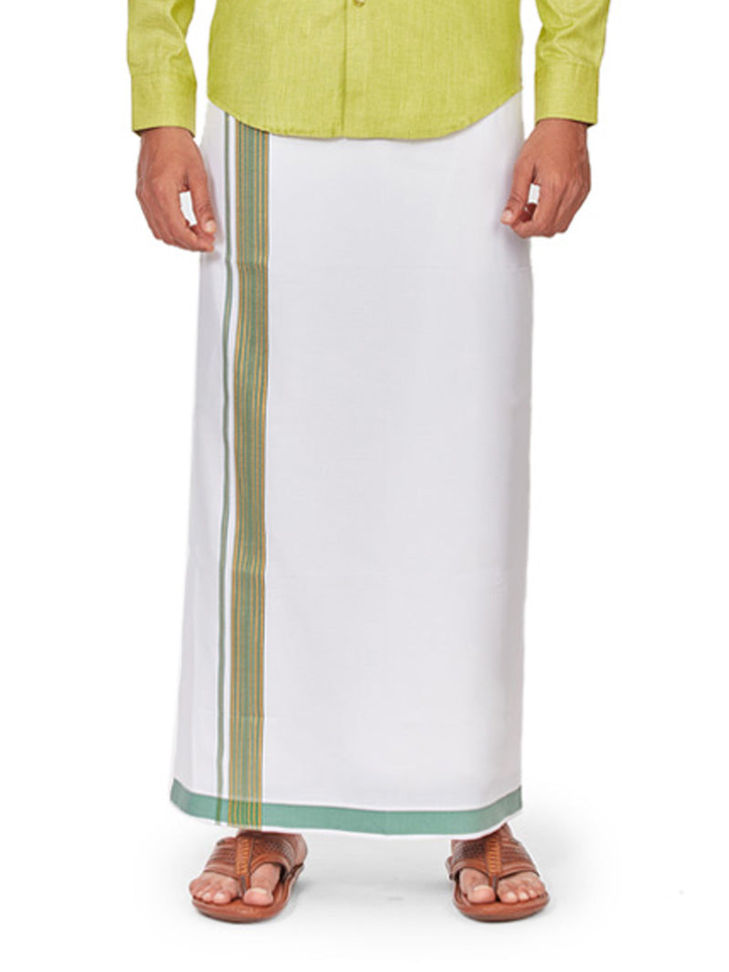 Mens Cotton White Single Layered Dhoti with Fancy Border - Sumudra Mix