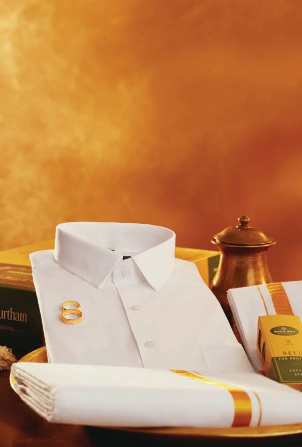 Men's Pure Cotton Cream Wedding Shirt Dhoti Towel Belt Combo by Minister White