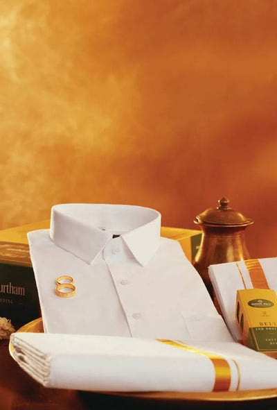 Men's Pure Cotton Cream Wedding Shirt Dhoti Towel Belt Combo by Minister White