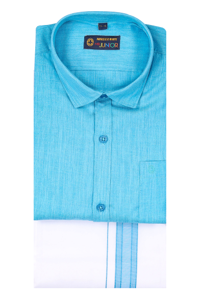 Aqua Blue Color Shirt With Matching Flexi Dhoti. Nice Boy
