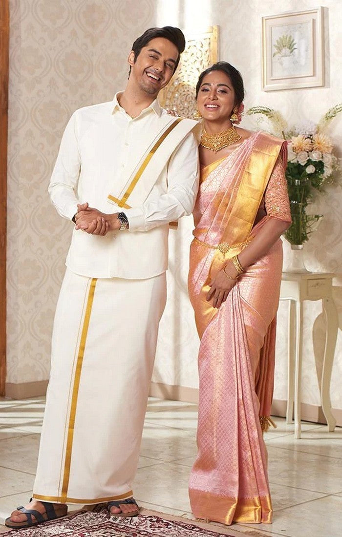 Wedding Combo Cream Shirt, Dhoti and Nerial Set - Santham Cream