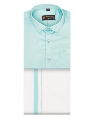 Aqua Blue Color Shirt With Matching Flexi Dhoti. Incredible Boy