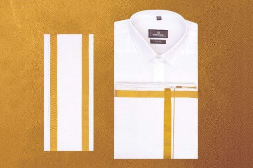 Mens Pure Cotton White Wedding Shirt Dhoti Towel Belt Combo - Subharaagam